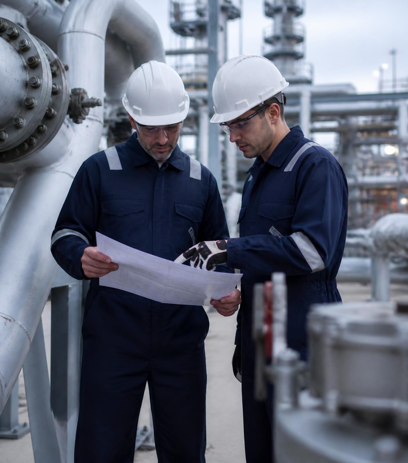 Engineers reviewing technical drawings beside plant pipework